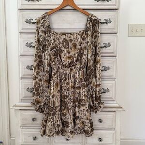 Vici Floral Paisley Long Sleeve Mini Dress in Cream and Brown
